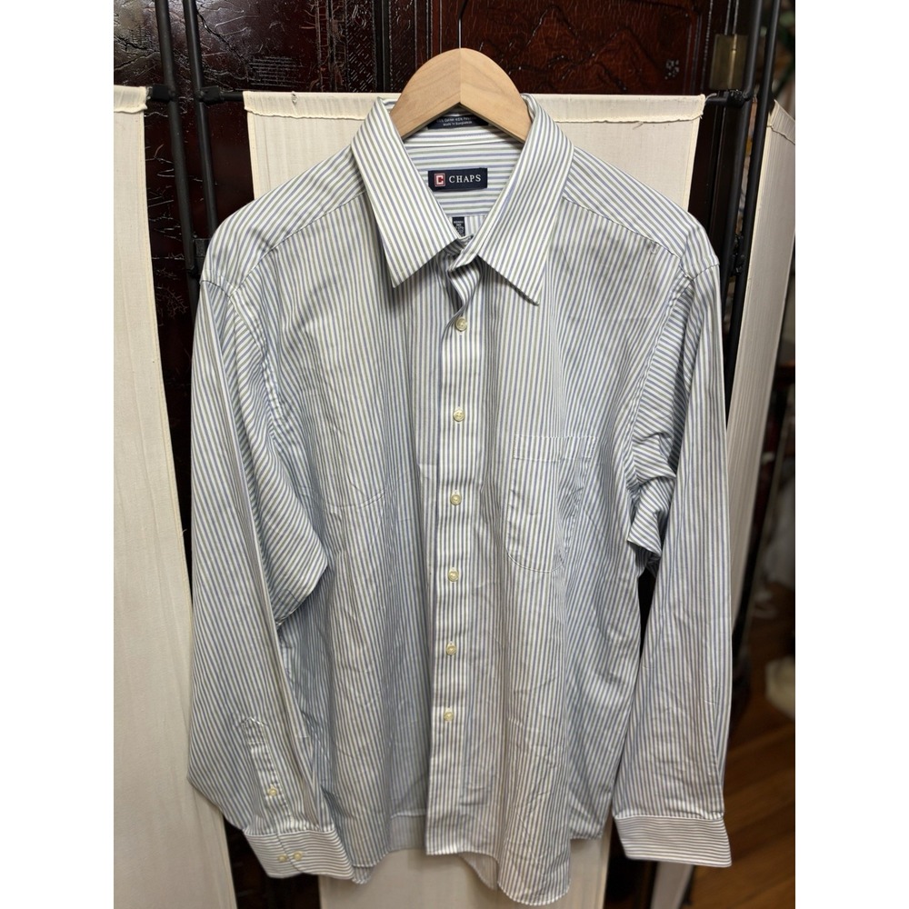 Chaps Men's XL 17-17.5 36/37 Wrinkle Free Blue Green Striped Dress Shirt